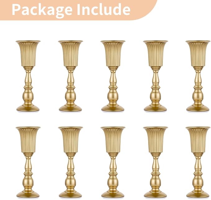 NUPTIO Gold Tall Centerpiece Table: 12.5" Trumpet Vases for Wedding Metal Flower Stand for Party Decorations Set of 10
