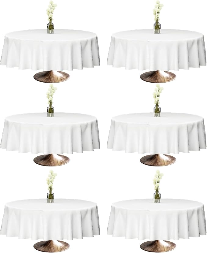 90x90 Table Cloth - 6 Pack Round White Washable Stain and Wrinkle Resistant Polyester Table Cover for Dining Tables, Various Parties and Camping (White)