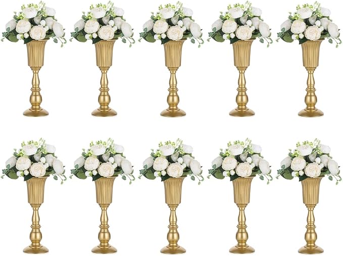 NUPTIO Gold Tall Centerpiece Table: 12.5" Trumpet Vases for Wedding Metal Flower Stand for Party Decorations Set of 10