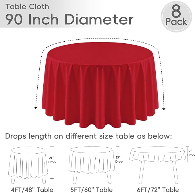 8 Pack Red Round Tablecloth 90 Inch Red Table Cloth, Washable Polyester Fabric Stain and Wrinkle Resistant Table Cover for Party Wedding Buffet Dining Banquet Anniversary