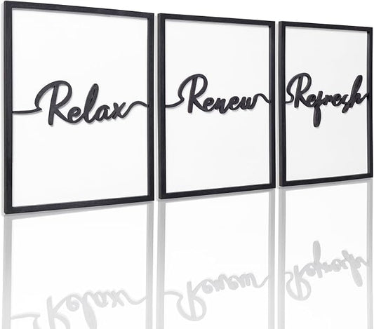 3D Wood Wall Art, 36" x 16" Framed Black and White Decor, 3D Bathroom Pictures for Wall Decor (Ready to Hang, Set of 3, Framed)