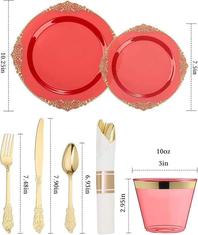 Goodluck 350 Piece Red Dinnerware Set for 50 Guests, Fancy Disposable Plates, Include: 100 Gold Rim Plastic Plates, 150 Silverwares, 50 Pre Rolled Napkins, 50 Cups for Party, Wedding
