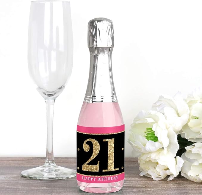 Big Dot of Happiness Finally 21 Girl - 21st Birthday - Mini Wine and Champagne Bottle Label Stickers - Birthday Party Favor Gift for Women and Men - Set of 16