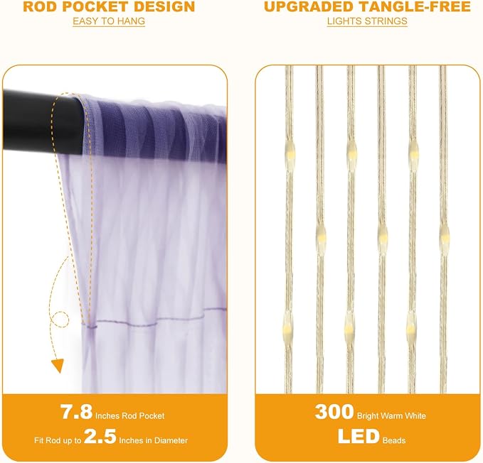 Tulle Curtain Backdrop with 300 LED Fairy Lights for Parites Wrinkle-Free Sheer Curtain Drapes Photo Back Drop for Wedding Baby Shower Bridal Shower Birthday Home Décor - 10ft×10ft, Lavender
