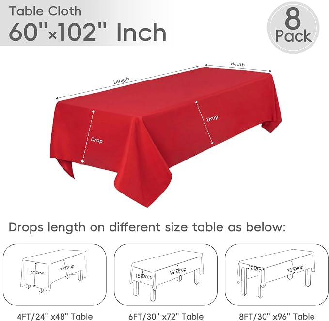 8 Pack Red Tablecloth 60 x 102 Inch Rectangular Table Cloth for 6 Foot Rectangle Tables, Wrinkle Resistant Washable Polyester Fabric Table Covers for Party Banquet Buffet and Camping