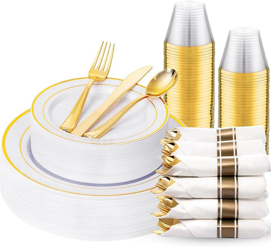 WDF Partyware 175PCS White and Gold Plastic Plates - Gold Plates with Rolled Napkins for Party - 25Guest Disposable Dinnerware Sets for Wedding/Baby Shower/Birthday
