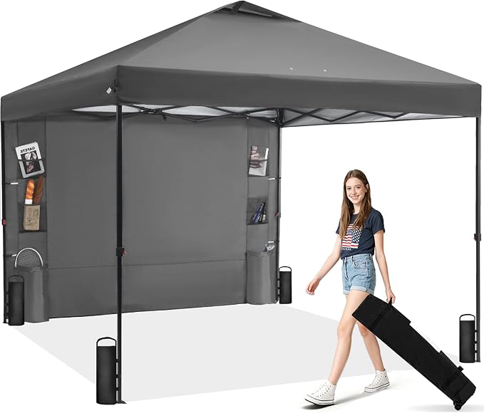 GAFETE 10×10 Pop Up Canopy Tent with 1 Pockets Sidewall, Easy up Sun Shade with One Push Setup, Portable Instant Outdoor Canopy Tent for Events Parties Camping with Carrying Bag (Gray, 10x10 FT)