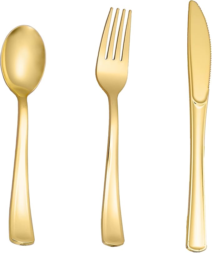 N9R 500PCS Gold Plastic Silverware - Gold Plastic Cutlery Set Disposable Flatware Dinnerware -200 Forks, 150 Spoons, 150 Knives for Party, Birthday, Wedding Utensils
