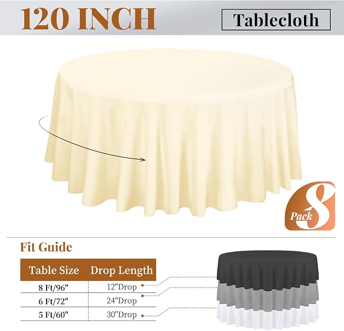 Fani 8 Pack 120 Inch Round Beige Polyester Tablecloth, Wrinkle & Stain Resistant, Perfect for 8ft Round Table, Wedding, Party & Camping