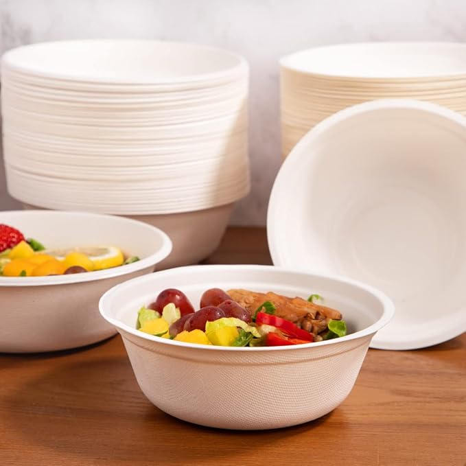 supernal 200Pcs Compostable Disposable Paper Bowls Combo Set for Catering | Heavy duty bagasse sugarcane bowls include 100pcs 16oz and 100pcs 30oz. Biodegradable, leakproof soup bowls for party.