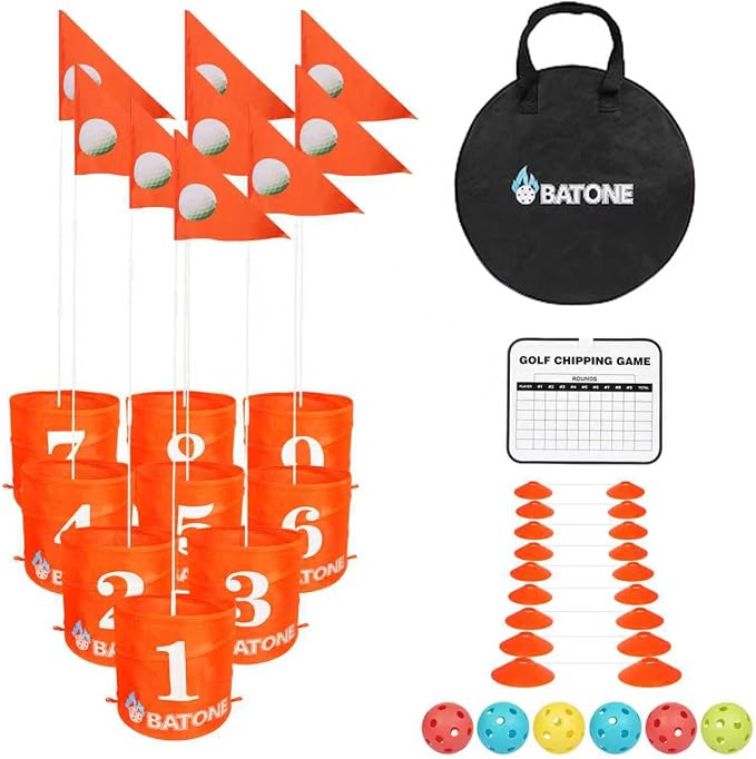 BATONE Golf Bucket Game for Family, Adults and Kids Portable 9 Hole Golf Course with Balls and Flag, Outdoor Indoor Golf Yard Game for Park, Beach, Lawn, Camping
