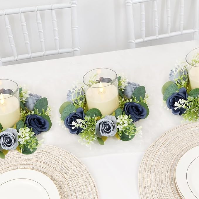 Blue Rose Candle Rings with Flameless Candles Sets - 12PCS Artificial Flower Eucalyptus Wedding Centerpiece 3 Inch Pillar Candleholders Wreaths for Wedding Party Decor (Dusty Blue &Silver Rose)