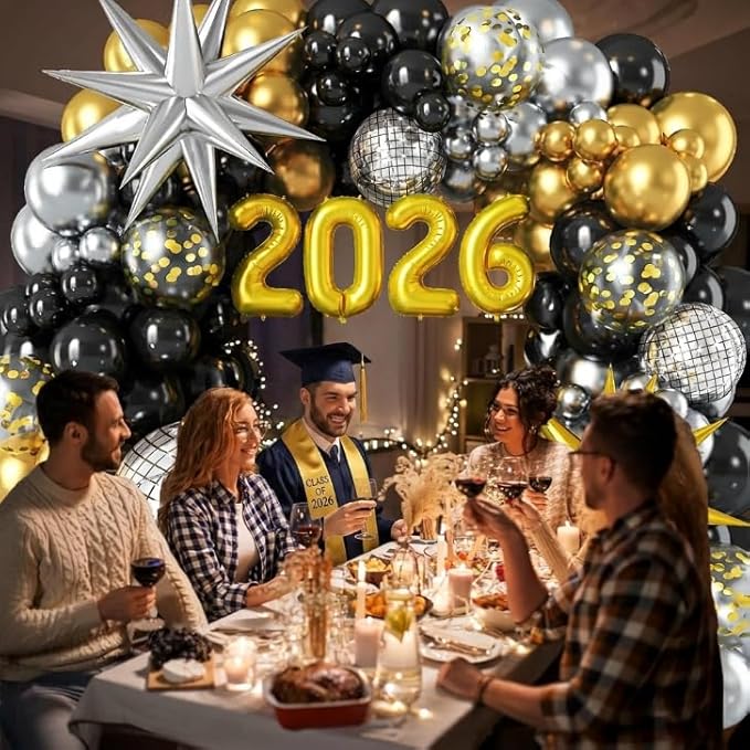 2026 Graduation Balloon Garland Arch Kit, Black Gold Silver Balloon Arch Class of 2026 Graduation Decorations Disco Star Balloons for Grad Celebrations Birthday Party Decorations