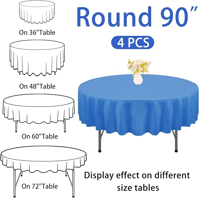 4 Pack Round Tablecloth 90 Inch Polyester Washable Fabric Table Covers for Wedding Dining Table Buffet Parties Banquet Decoration（Blue）