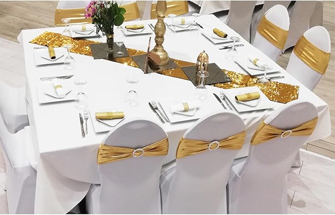 Wedding Spandex Metallic Gold Chair Sashes 100 Pack Chair Bands with Buckle Bronzing Gold Chairs Bows for Party Birthday Bridal Shower Engagement Anniversary Christmas Event Decorations