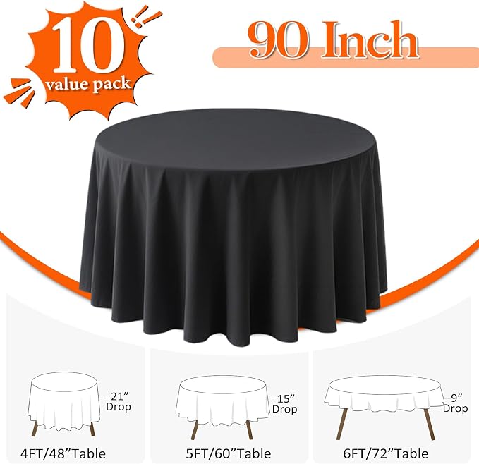10 Pack Black Round Tablecloths 90 Inch Round Table Cloth Wrinkle Resistant Black Tablecloth Washable and Reusable Polyester Fabric Table Covers for Banquet Wedding Party Dining Buffet