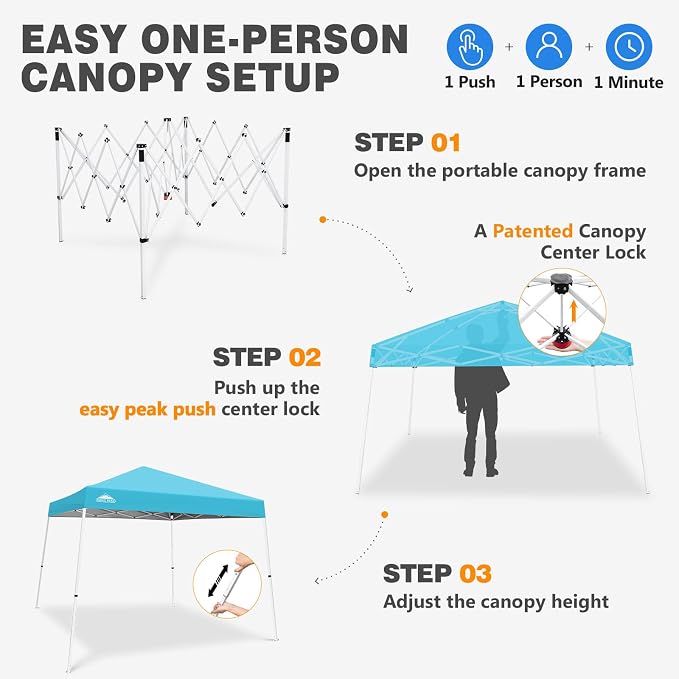 EAGLE PEAK 10x10 Slant Leg Pop-up Canopy Tent Easy One Person Setup Instant Outdoor Beach Canopy Folding Portable Sports Shelter 10x10 Base 8x8 Top (Light Blue)