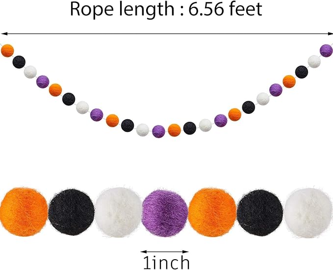 WILLBOND 3 Pieces Wool Felt Rainbow Ball Garland Colorful Pom Pom 6.5 ft Long 24 Ball Garland for Easter Mardi Gras Classroom Halloween Thanksgiving Xmas (Purple,Orange,Black,White)