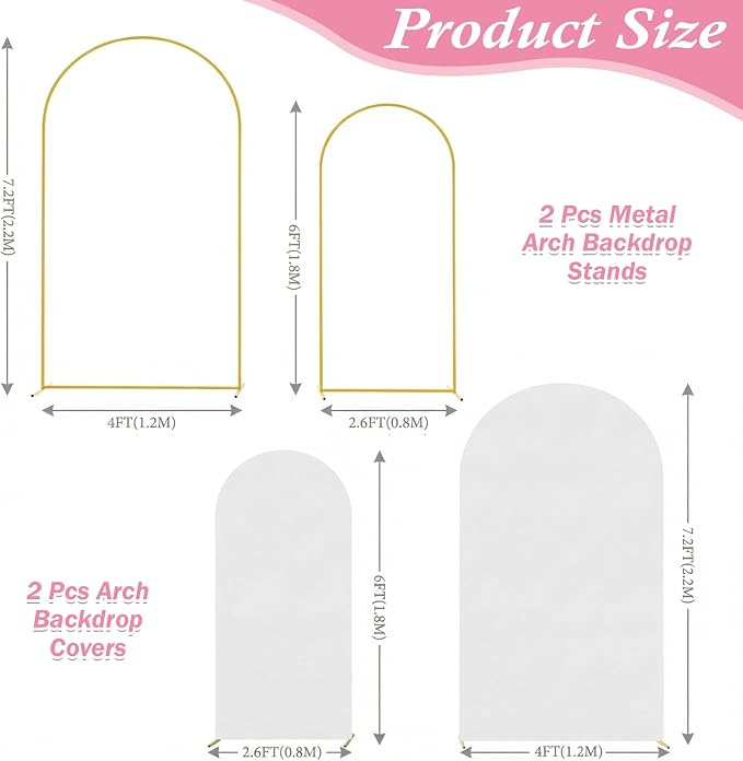 Arttown Arch Backdrop Stand and Cover Set 7.2FT and 6FT Wedding Arch Backdrop Stands and Matching White Cover Set Suitable for Wedding Celebration Birthday Party Graduation Ceremony Event Decoration