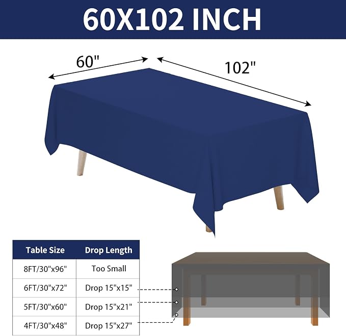 Fixwal 3 Pack Navy Blue 60 x 102 Inch Rectangle Tablecloths, Reusable Heavy Duty Washable Polyester Table Covers for 6 Ft Tables, Wedding, Party, Baby Shower, Birthday, Outdoor