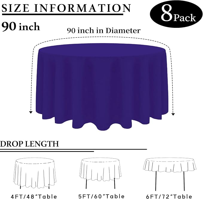8 Packs 90 Inch Purple Round Tablecloth in Diameter, Washable Polyester Fabric Tablecloths, Wrinkle Resistant Table Cloth for Wedding Party Banquet Dining