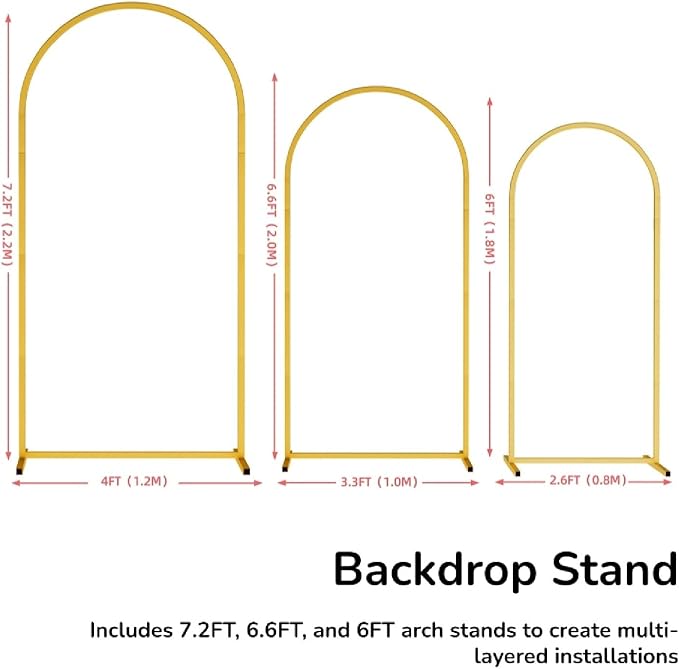 7.2FT 6.6FT 6FT Arch-Backdrop-Stand Set of 3, Wedding Arch Stand for Birthday Party Baby Shower, Flower Balloon Metal Arch Stand Frame for Graduation Anniversary Ceremony Decor, Gold