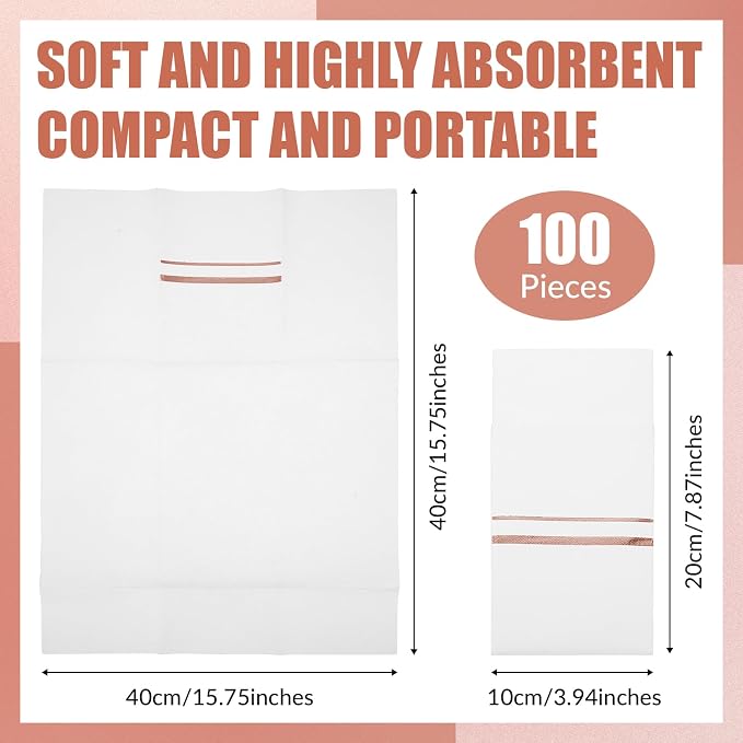 Roshtia 100 Pack Dinner Napkins Disposable Linen Feel Dinner Napkins with Built-in Flatware Pocket Gold Trim Lined Pre Folded Paper for Wedding Party (White,Rose Gold)
