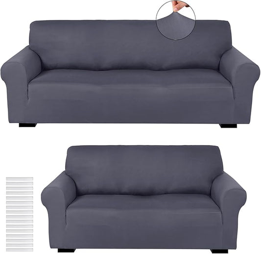 Peryiter 2 Pcs Sofa Covers Couch and Loveseat Covers Set Stretch Sofa Slipcover for Living Room Armchair Furniture Protector, Wrinkle Proof(Dark Gray,Milk Silk)