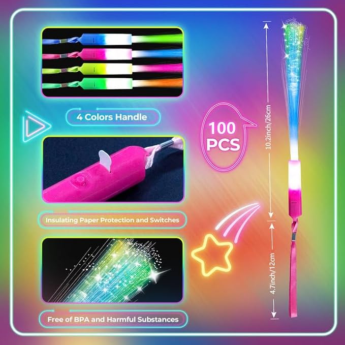 SHQDD 100 PCS Glow Fiber Wands Sticks, LED Light Wands, Glow in The Dark Party Supplies, Fiber Optic Wands, LED Flashing Sticks, Fiber Optic Light Wand Stick for Party, Wedding, Halloween & New Year