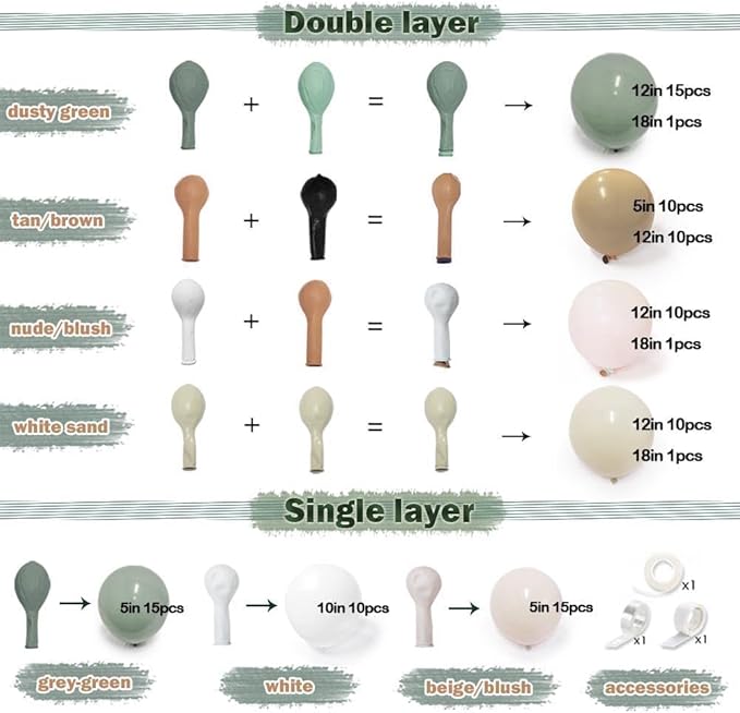 Dusty Green Nude Balloon Garland Double Stuffed Blush Brown Cream Sand White Neutral Matte Balloon Arch Kit for Baby Shower Wedding Birthday Gender Reveal Woodland Party Decoration