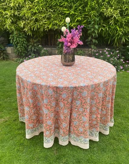 Ridhi Round Tablecloth Hand Block Print 100% Cotton Reusable Dark Salmon 120 Inch Table Cover Decorative Everyday Use for Dining, Home, Party, Wedding, Farmhouse, Party Gift for Spring, Mother's Day