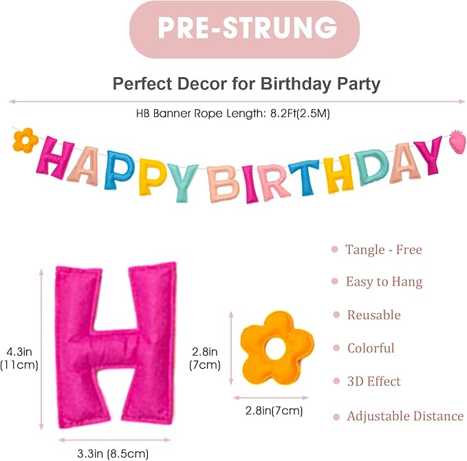 Pastel Pre-Strung 3D Happy Birthday Banner with Strawberry and Flower, Reusable Happy Felt Garland, Rainbow Party Decorations, Personalized Birthday Sign for Girls Womens