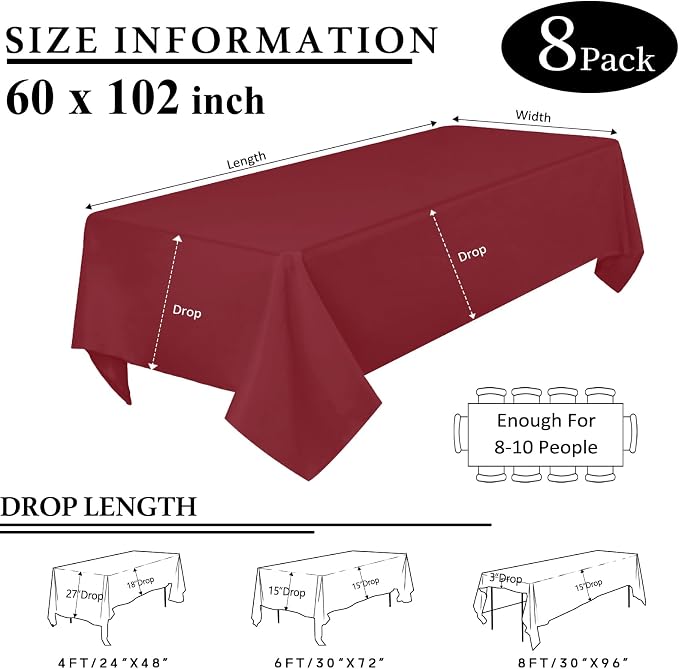 8 Packs Burgundy Tablecloth Rectangle 60x102 Inch Rectangular Table Cloth for 6 Foot Rectangle Table, Wrinkle Resistant Polyester Fabric Washable Table Cover for Wedding Party Buffet