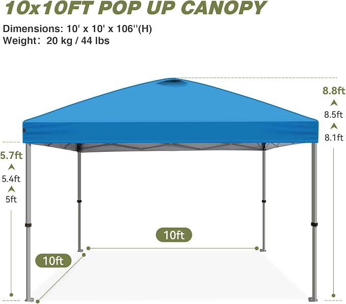 HYPER VENTURE 10x10ft Pop Up Canopy Tent with One Push Setup, Portable Outdoor Event Shelter with Rolling Carry Bag for Camping, Beach, Market, Patio (Blue)