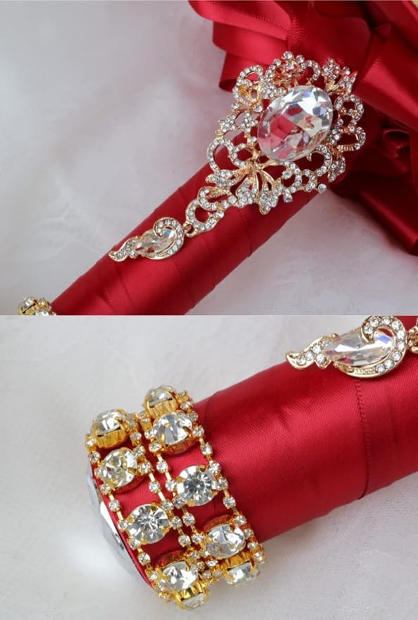 Burgundy Bridal Wedding Bouquet Luxury Gold Rhinestone Brooch Bouquet for Bride Bridesmaid Quinceanera Satin Rose Artificial Flower Bouquet Wedding Burgundy 8.3in