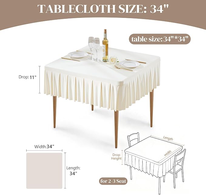 Wish Care 4 Pack Ivory Spandex Tablecloths for 34x34 Inch Square Tables, Stretch Fitted Table Clothes with Pleated Ruffle Skirt for 34” Table, Wrinkle Free and Elastic, for Party Kitchen Home Dining