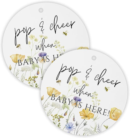 Pop and Cheer When Baby is Here Bees Hang Tag | 30pk 2.5” Circle Bee Floral Butterfly Cards Stickers Modern Minimalist Champagne Tags String