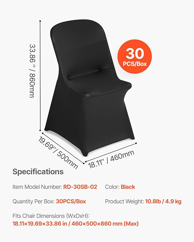VEVOR Chair Covers, Polyester Spandex Chair Cover, Stretch Slipcovers for Wedding Party Dining Banquet Flat-Front Chair Covers (Black-c-XL, 30PCS)
