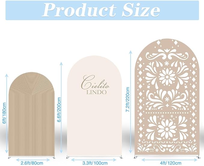 Set of 3 Arch Backdrop Cover Cielito Lindo Baby Shower Spandex Arch Fabric Cover for Mexican Bridal Wedding Birthday Party Decoration (6FT 6.6FT 7.2FT,Beige)
