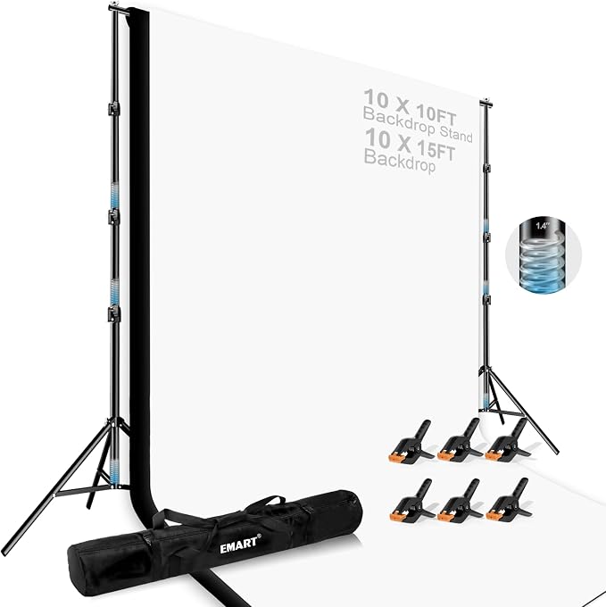 EMART 10 x 10ft Heavy Duty Background Support System,Professional Photo Backdrop Stand Kit with 10 x 15 ft Polyester Backdrop (White,Black),Clamp,Carry Bag for Parties,Photography,Wedding,Decoration