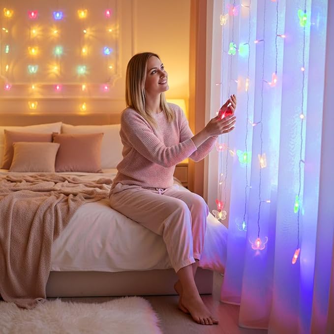 Butterfly Curtain Fairy Lights USB Plug in,8 Modes 120 LED 19.7FT Firefly Twinkle Timer String Lights with Remote, Waterproof Copper Wire for Bedroom Patio Christmas Wedding Party (Multi-new)
