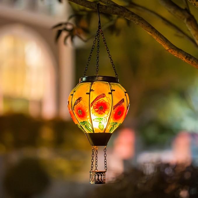STARSOUL Dragonfly Solar Hot Air Balloon Lantern with Flickering Flame, Hanging Solar Lantern Outdoor Waterproof, Hot Air Balloon Solar Light Decorations for Garden Yard Lawn Porch Porch Backyard