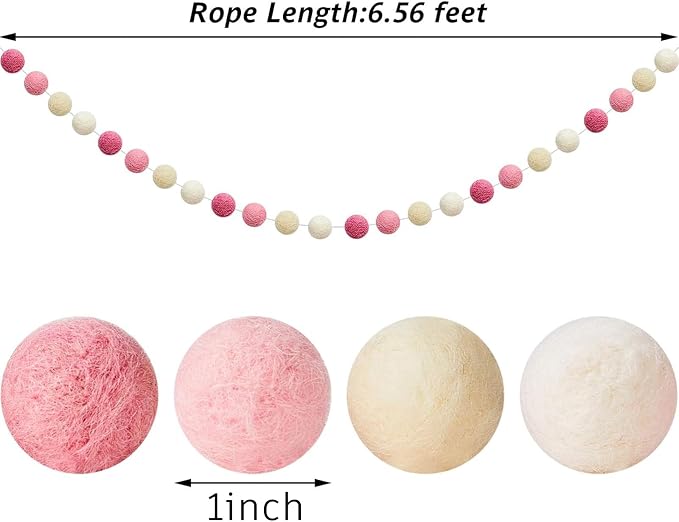 WILLBOND 3 Pieces Wool Felt Rainbow Ball Garland Colorful Pom Pom 6.5 ft Long 24 Ball Garland for Easter Mardi Gras Classroom Halloween Thanksgiving Xmas (Pink,Light Pink,Beige,White)