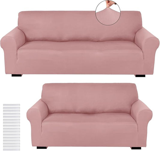 Peryiter 2 Pcs Sofa Covers Couch and Loveseat Covers Set Stretch Sofa Slipcover for Living Room Armchair Furniture Protector, Wrinkle Proof(Light Pink,Milk Silk)