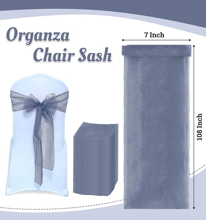 MDS® Pack of 100 Organza Chair Sashes for Wedding Decoration, Reusable Sheer Chair Bows for Banquet Chair Cover, Reception, Bridal Shower, Baby Shower, Birthday Party & Special Events - Dusty Blue