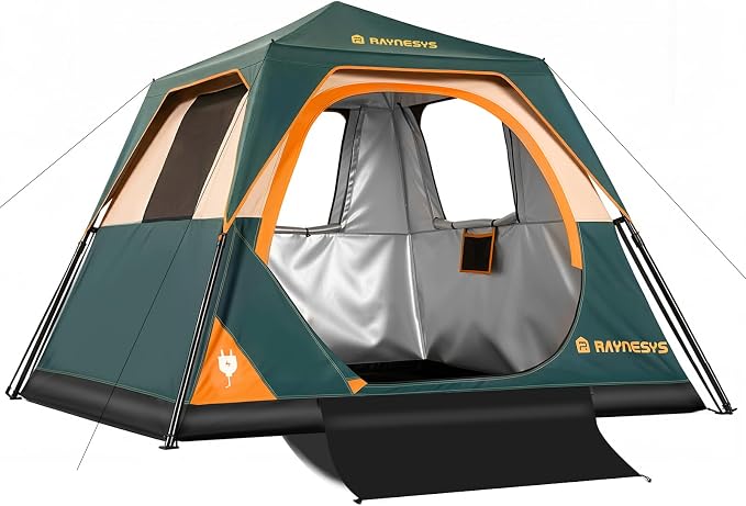 4 Person Instant Tent, Camping Tent Setup in 60 Seconds, Waterproof Pop Up Tents for Camping with Top Rainfly, Instant Cabin Tents with Portable Carry Bag for Family Camp & Hiking, Green + Brown
