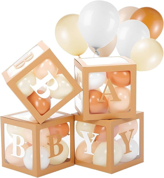 Zhanmai baby Boxes for Bear Baby Shower Decoration with 4 Letters 36 Balloons 4 Transparent Clear Balloon Box Blocks for Boy Girl Gender Reveal Party Favors(Cocoa, Apricot, Ivory, White)