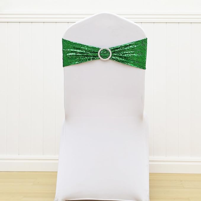 Sequin Green Chair Sashes 100 Pack Glitter Christmas Chair Bows Emerald Green Chairs Bands with Buckles for Wedding Birthday Party Bridal Shower Anniversary Engagement Events Decorations