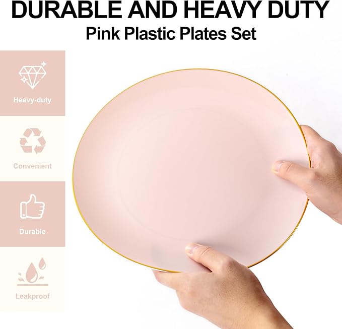 YOUBET 125PCS Pink Plastic Plates - Pink Disposable Plates With Gold Rim - Pinks and Gold Plates Include 25 Dinner Plates, 25 Dessert Plate, 75 Cutlery for Party Wedding Birthday