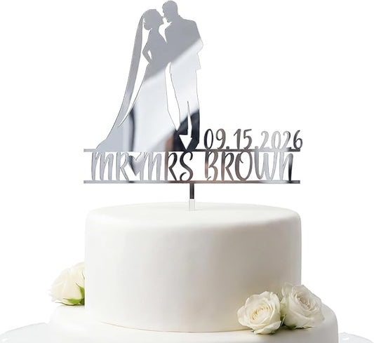 Personalized Mr. & Mrs. Wedding Cake Topper – Custom Bride & Groom Cake Decoration – Elegant Wedding Décor, Anniversary, Engagement Party (Design 4 (IP109), Silver Mirror)